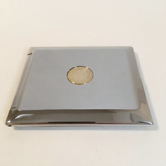 Compact Makeup Mirror Gold Inlay Silver Tone Metal - Picture 3 of 7